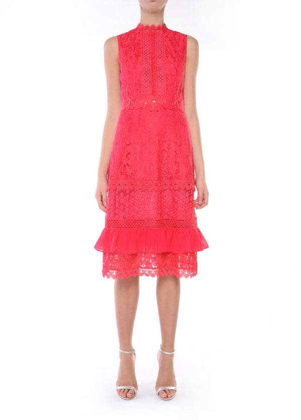 Aurora Bright Raspberry High-Neck Multi lace Midi Dress