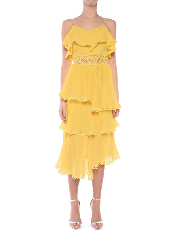Marie Mustard Tiered Pleated Midi-Dress