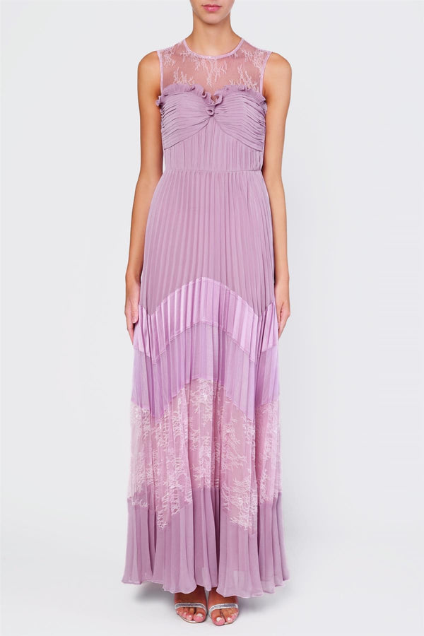 Catherine Dusty Lilac Mixed-lace Pleated Maxi Dress