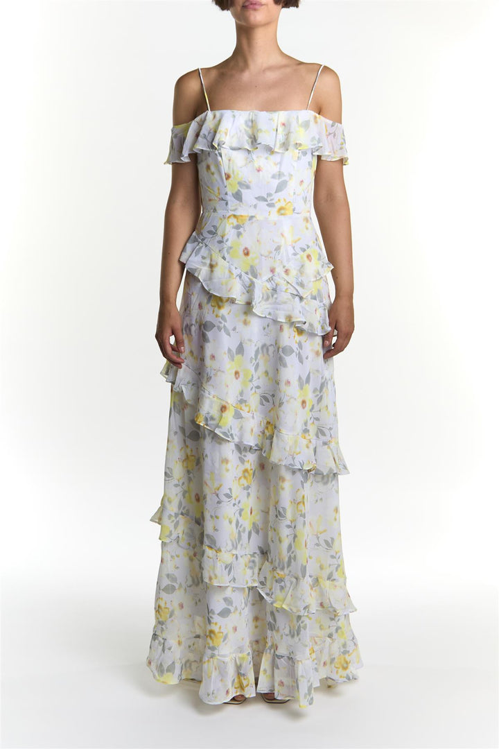 Grey-Soft-Floral Drew cold shoulder ruffle dress - True Decadence Grey-Soft-Floral Drew cold shoulder ruffle dress - True Decadence