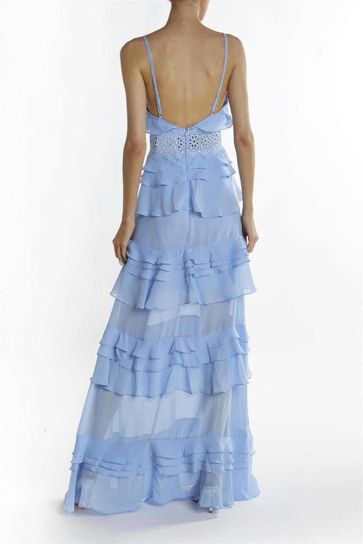 Sky Blue Sophia Plunge Front Tiered Ruffle Maxi Dress - True Decadence Sky Blue Sophia Plunge Front Tiered Ruffle Maxi Dress - True Decadence