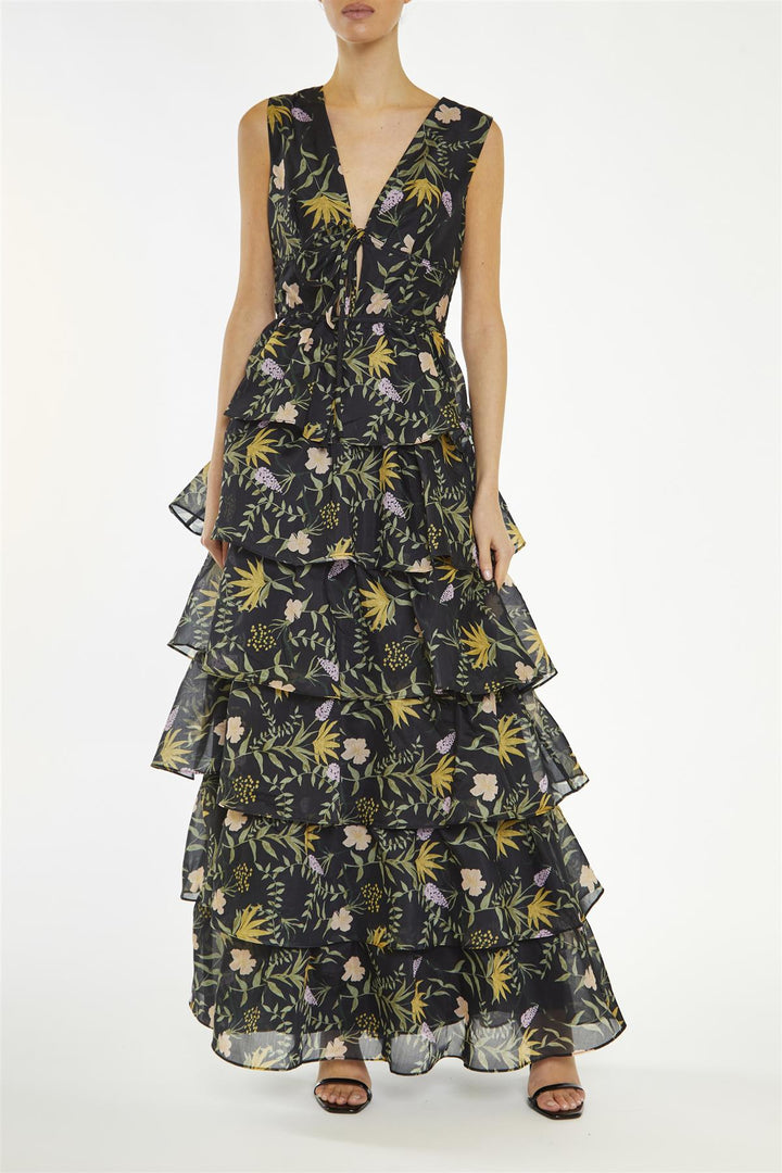 Genevieve Black-Stem Nature-Floral Tiered Maxi-Dress - True Decadence Genevieve Black-Stem Nature-Floral Tiered Maxi-Dress - True Decadence