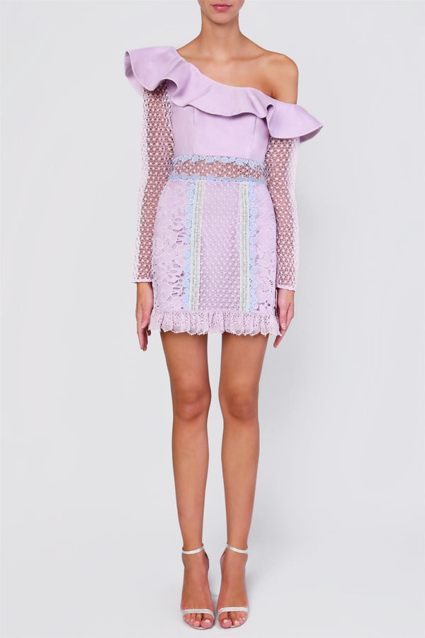Esme Lilac Pastel Multi Lace Asymmetric Shoulder Mini-Dress