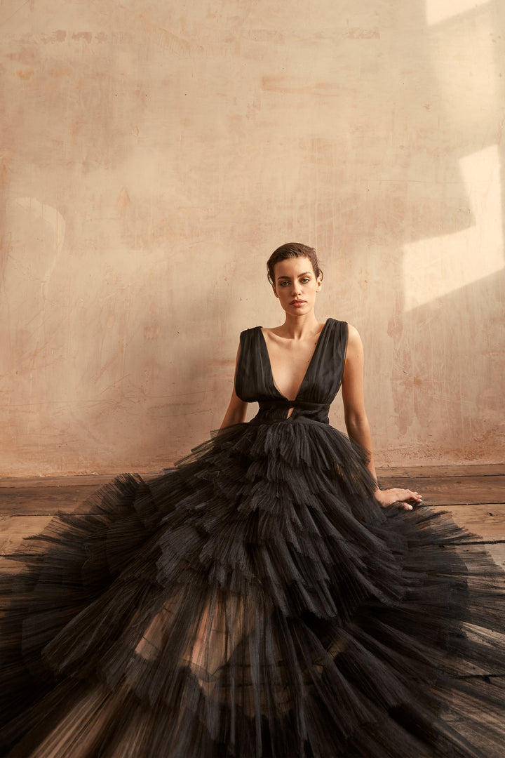 Eliza Black Plunging Neck Layered Tulle Maxi Dress Evening Gown - True Decadence Eliza Black Plunging Neck Layered Tulle Maxi Dress Evening Gown - True Decadence