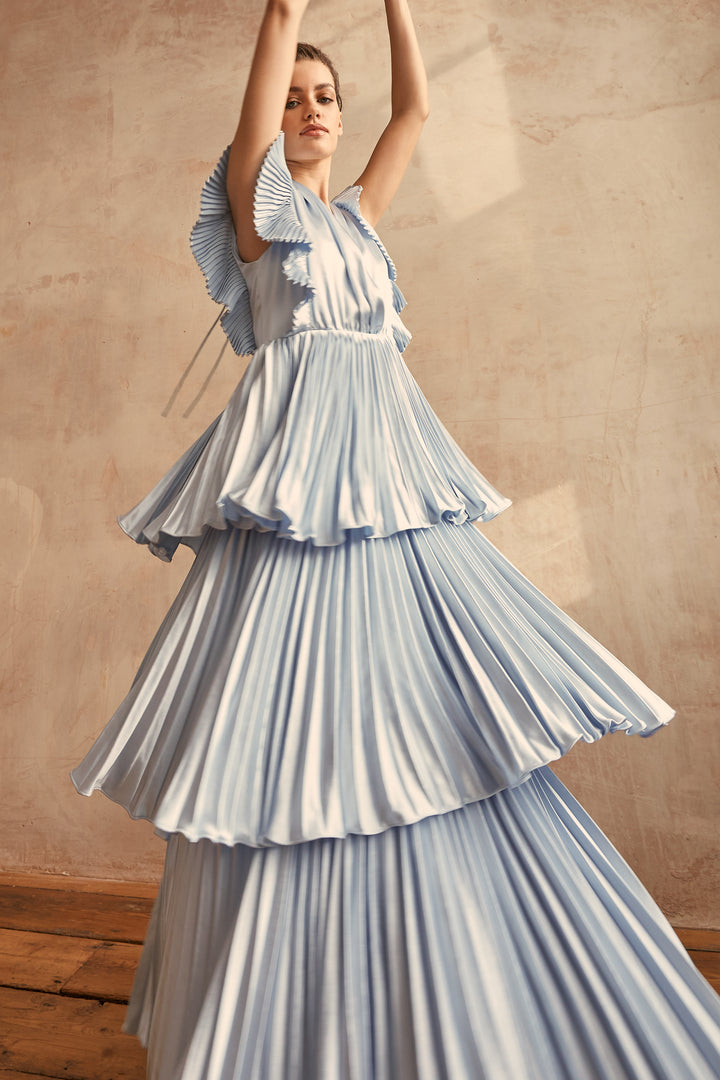 Beatrice Blue Satin Pleated Tiered Dress - True Decadence Beatrice Blue Satin Pleated Tiered Dress - True Decadence