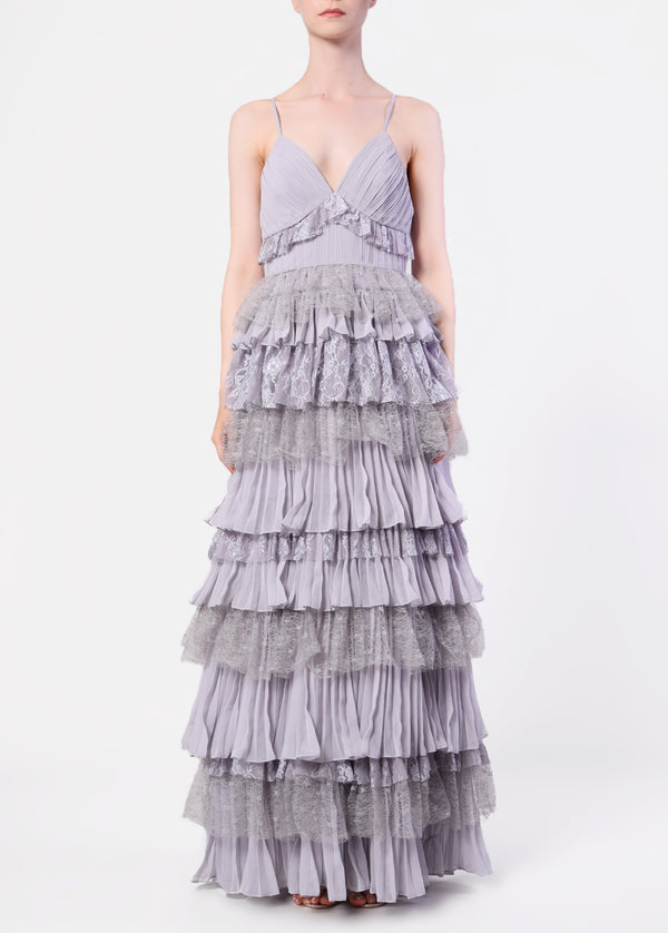 Lilac Grey Plunge Front Lace Tiered Ruffle Maxi Dress