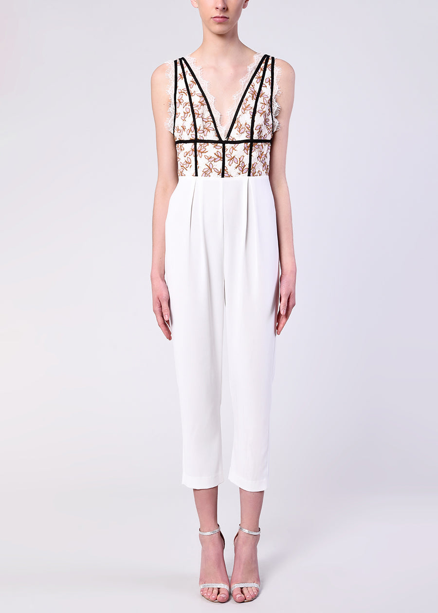 Lilac White Daisy Lace Plunge Front Jumpsuit