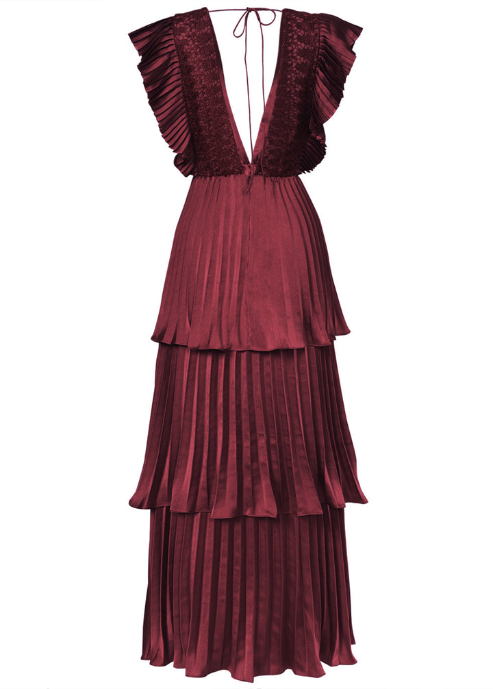 Beatrice Burgundy Satin Pleated Tiered Dress
