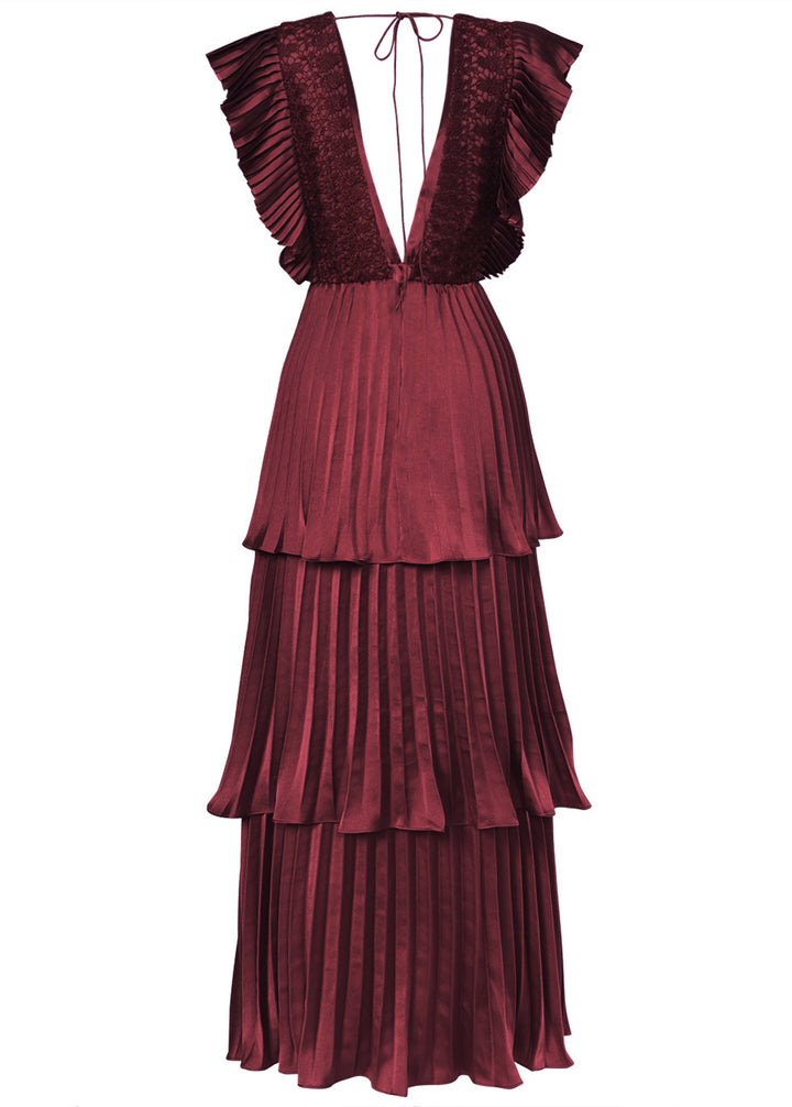 Beatrice Burgundy Satin Pleated Tiered Dress - True Decadence Beatrice Burgundy Satin Pleated Tiered Dress - True Decadence