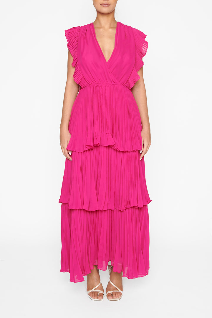 Beatrice Fuchsia Pleated Tiered Midaxi Dress