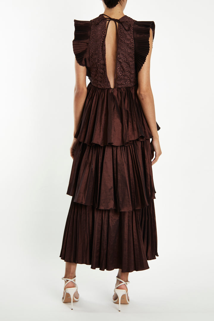 Beatrice Chocolate Taffeta Pleated Tiered Midaxi Dress