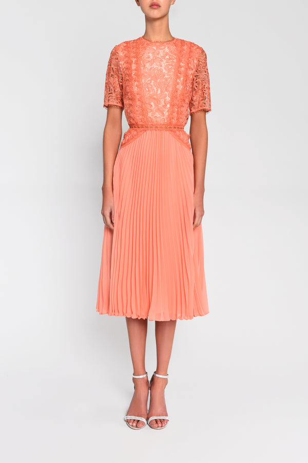 Peach Lace Pleated Midi Dress