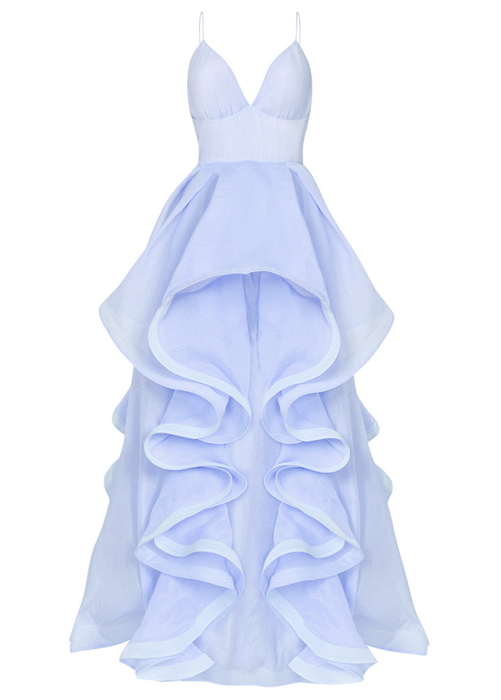 Ingrid Icy Blue Layered Ruffle Strappy Maxi-Dress