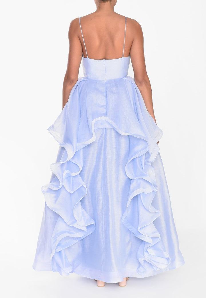 Ingrid Icy Blue Layered Ruffle Strappy Maxi-Dress