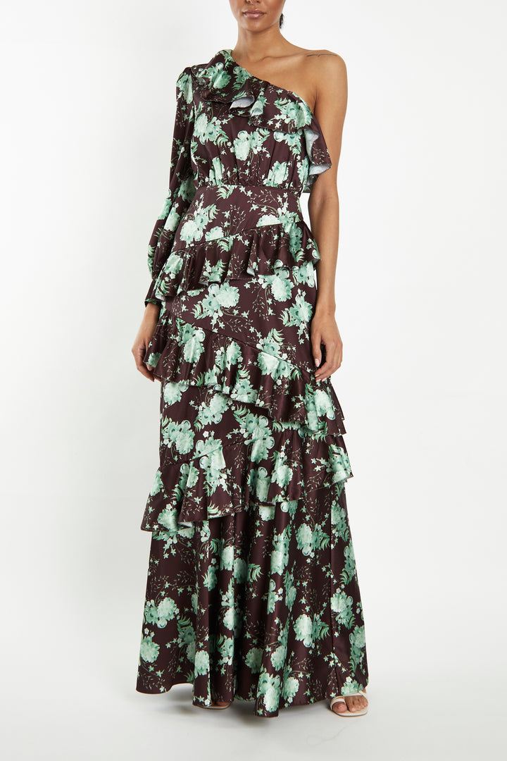 Ottilie Brown-Sage-Rose One-Shoulder Ruffled Layered Maxi-Dress