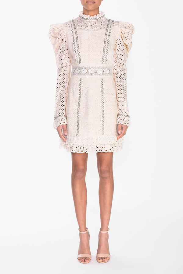 Cream Broderie Mini Dress With Silver Eyelets