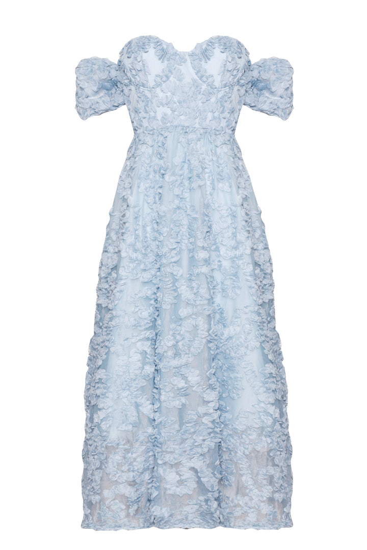 Amelia Blue Applique Floral Bardot Midaxi Skater Dress - True Decadence Amelia Blue Applique Floral Bardot Midaxi Skater Dress - True Decadence
