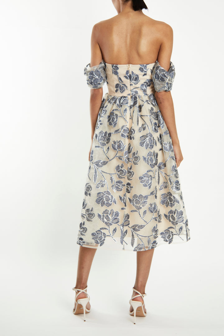 Amelia Blue Embroidery Bardot Skater Dress - True Decadence