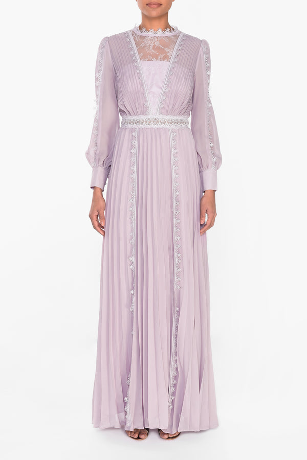 Dusty Mauve Pleated Maxi Dress with Lace Detailing