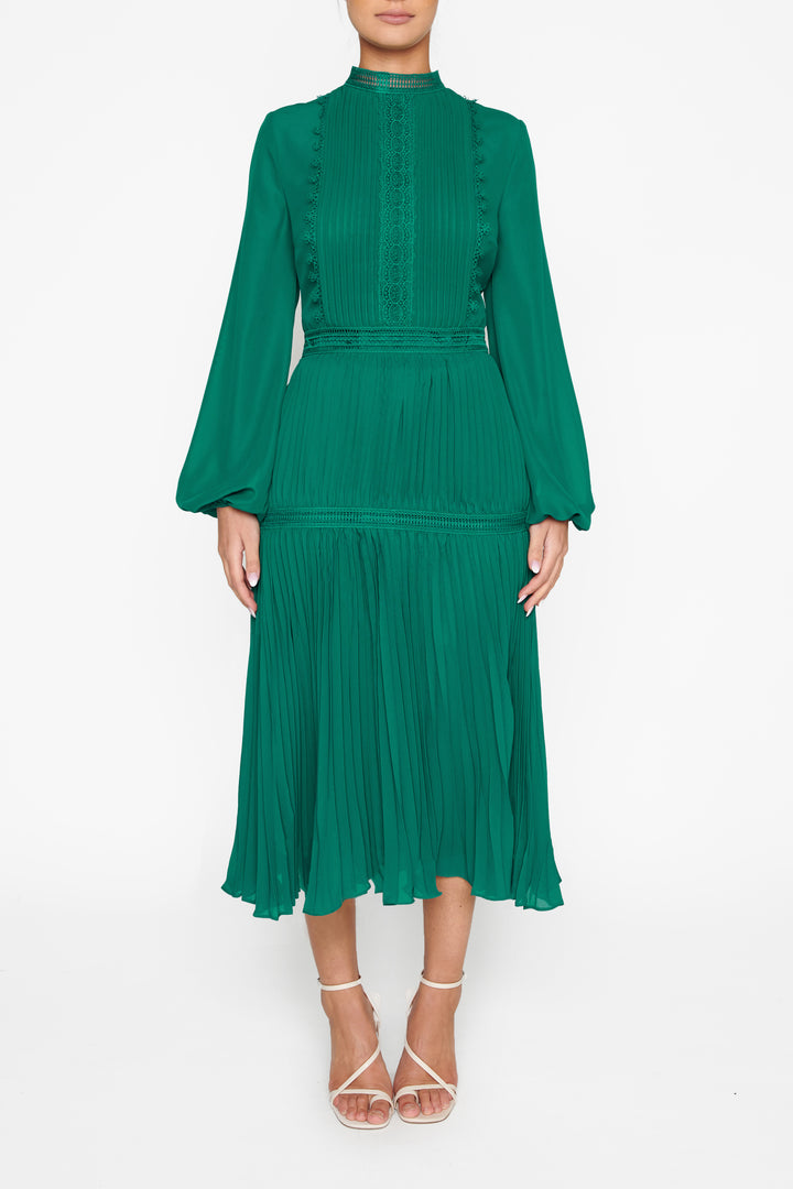 Victoria Emerald Green Pleated Midi-Dress