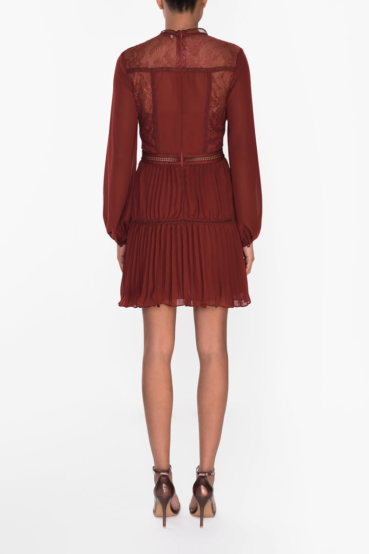 Lena Burgundy Lace Pleated Mini Dress