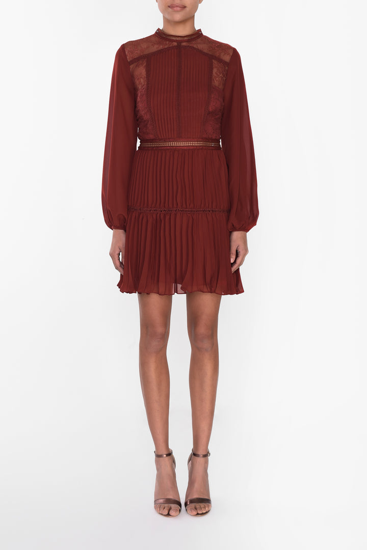 Lena Burgundy Lace Pleated Mini Dress