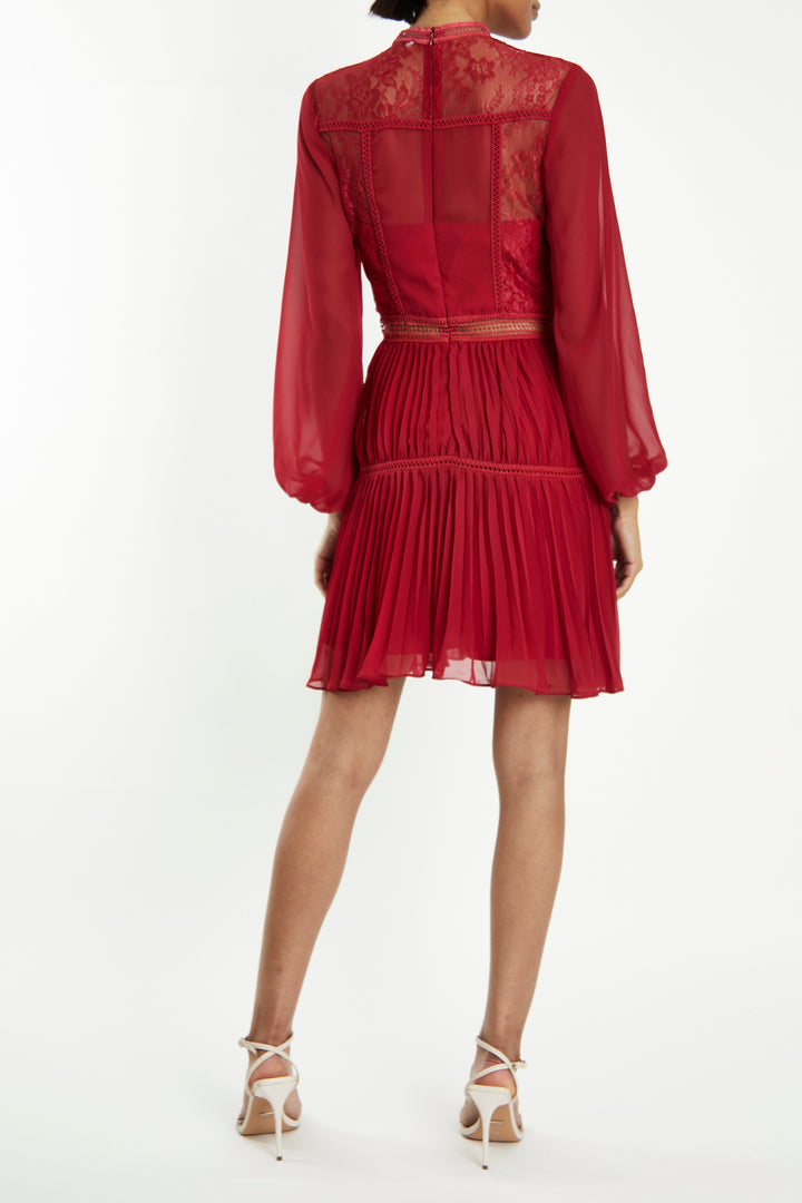 Lena Crimson-Red Lace Pleated Mini Dress