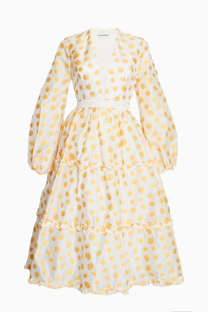 Sunny Cream Mustard Jacquard Tiered Plunge Front Midi Dress