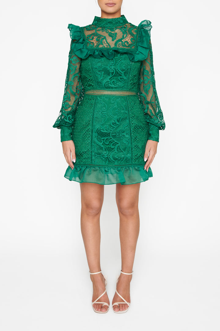 Lorene Emerald Green Lace Long-Sleeve Mini-Dress - True Decadence Lorene Emerald Green Lace Long-Sleeve Mini-Dress - True Decadence