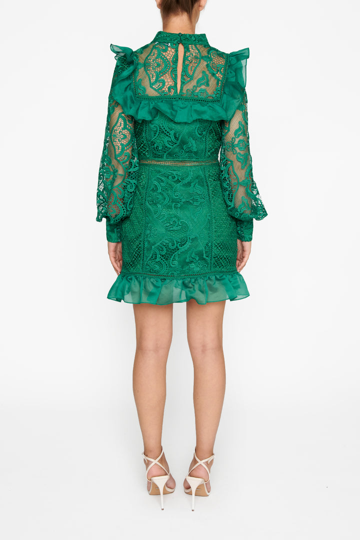 Lorene Emerald Green Lace Long-Sleeve Mini-Dress