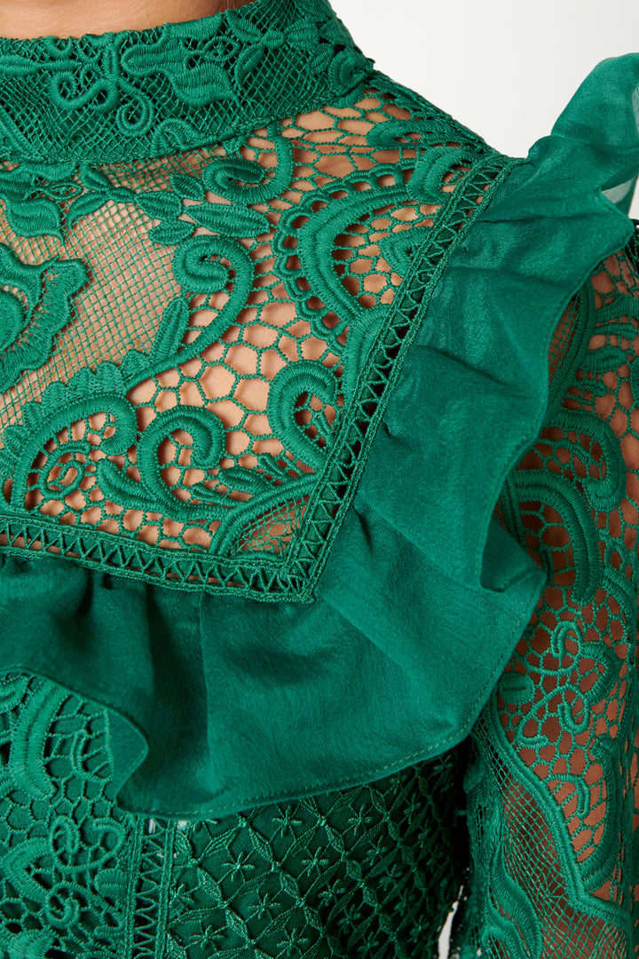 Lorene Emerald Green Lace Long-Sleeve Mini-Dress - True Decadence Lorene Emerald Green Lace Long-Sleeve Mini-Dress - True Decadence