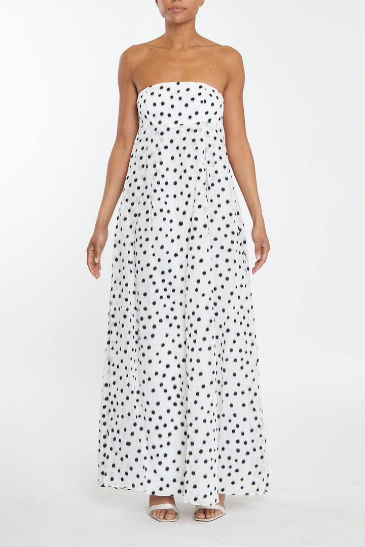 Aurelia White-Black Organza Spot Empire Line Strapless Maxi-Dress