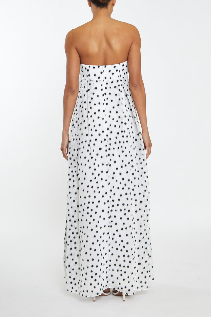 Aurelia White-Black Organza Spot Empire Line Strapless Maxi-Dress