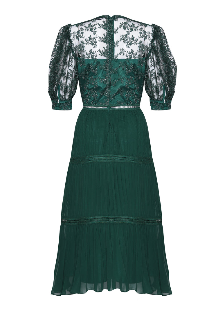 Emerald Green Metallic Pleated Midi Skater Dress - True Decadence Emerald Green Metallic Pleated Midi Skater Dress - True Decadence