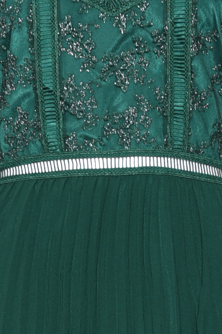 Emerald Green Metallic Pleated Midi Skater Dress - True Decadence Emerald Green Metallic Pleated Midi Skater Dress - True Decadence