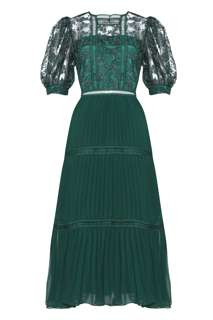 Emerald Green Metallic Pleated Midi Skater Dress - True Decadence Emerald Green Metallic Pleated Midi Skater Dress - True Decadence