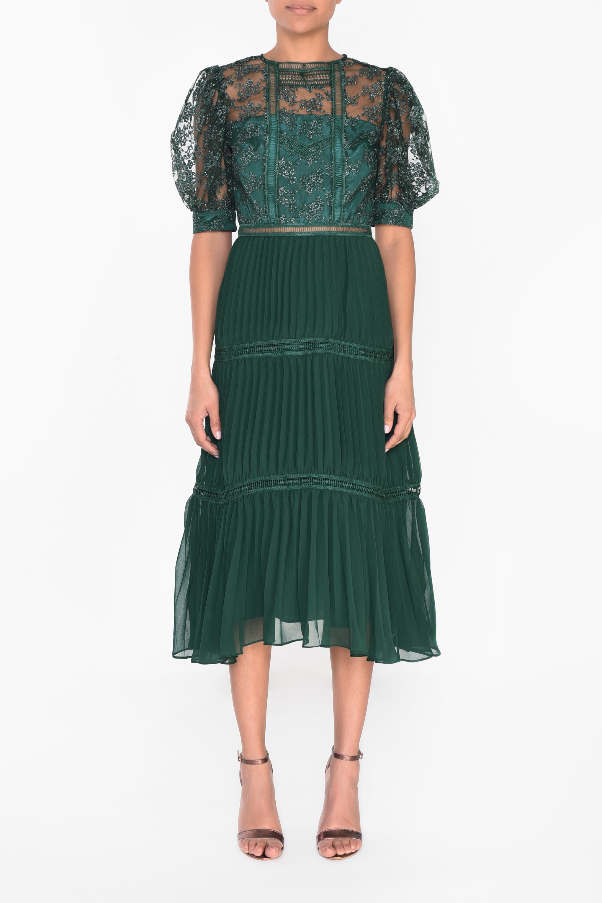 Emerald Green Metallic Pleated Midi Skater Dress - True Decadence Emerald Green Metallic Pleated Midi Skater Dress - True Decadence
