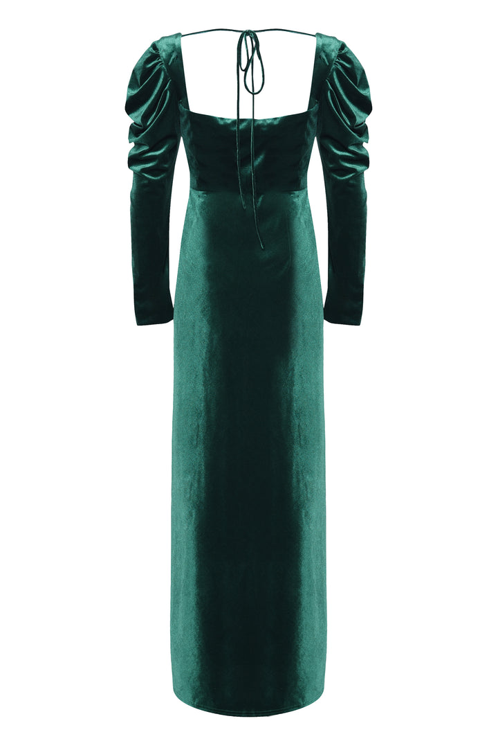 Emerald Green Velvet Maxi Dress with Extravagant Shoulders - True Decadence Emerald Green Velvet Maxi Dress with Extravagant Shoulders - True Decadence