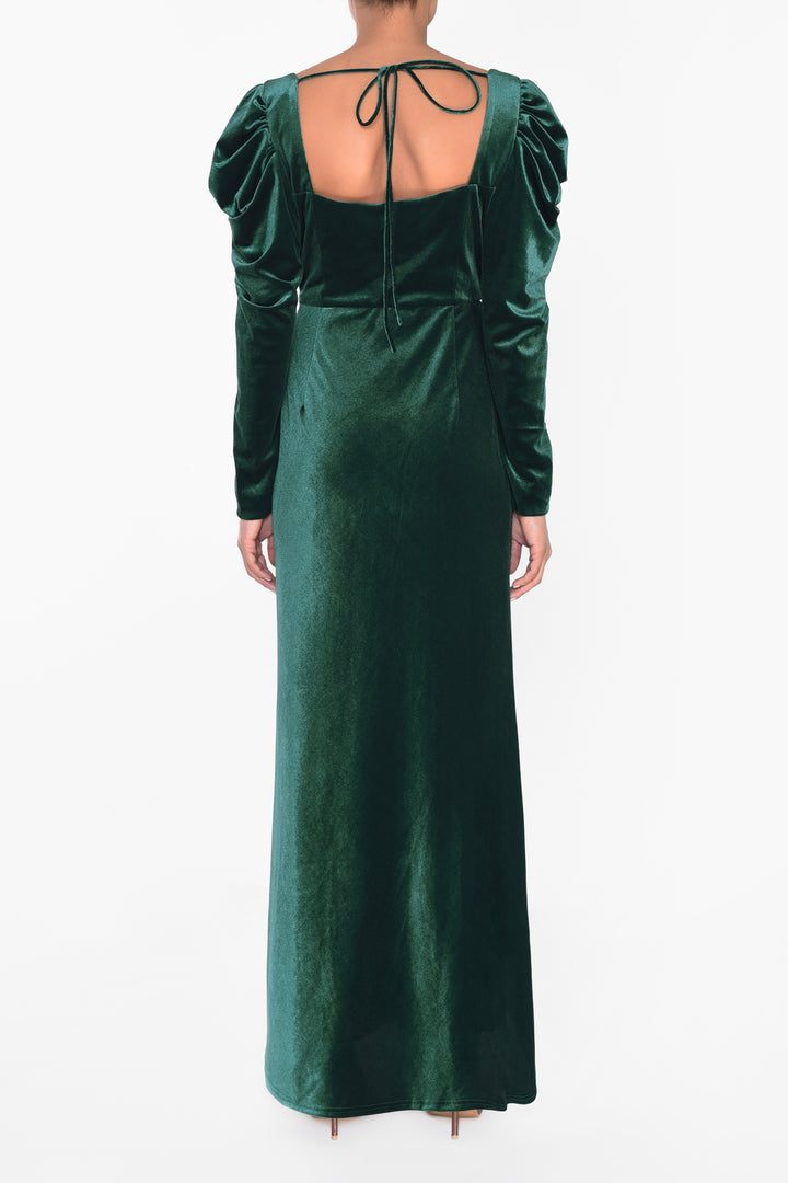 Emerald Green Velvet Maxi Dress with Extravagant Shoulders - True Decadence Emerald Green Velvet Maxi Dress with Extravagant Shoulders - True Decadence