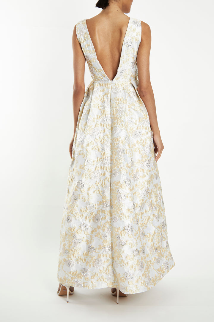 Louise Cream Metallic Brocade Plunging Back Maxi-Dress