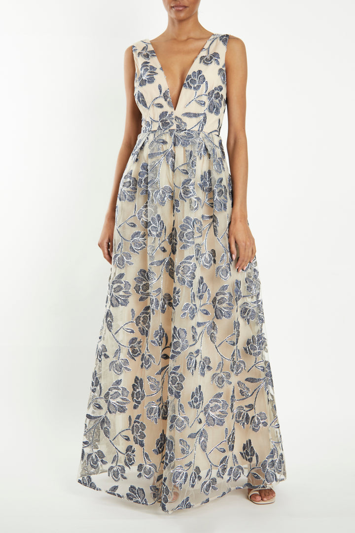 Louise Steel Blue Embroidery Plunging Back Maxi-Dress