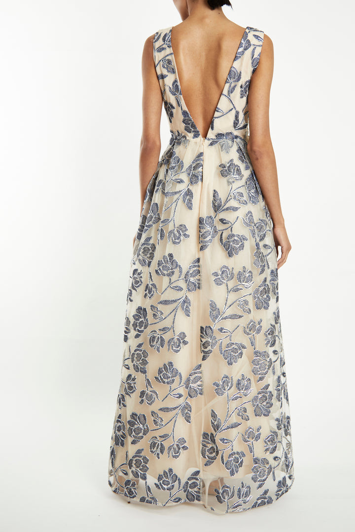 Louise Steel Blue Embroidery Plunging Back Maxi-Dress