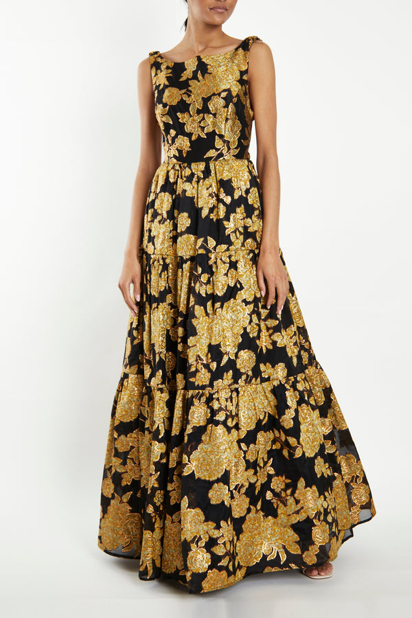 Lorna Black Gold Jacquard Floral Tiered Backless Maxi Dress