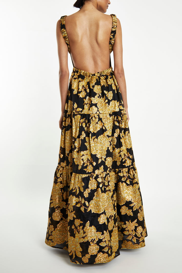 Lorna Black Gold Jacquard Floral Tiered Backless Maxi Dress
