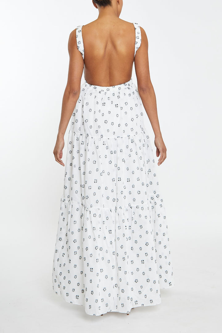 Lorna White-Organza Flower Tiered Backless Maxi-Dress