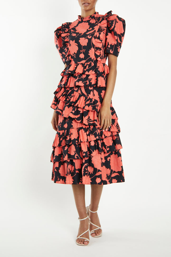 Delilah Black-Coral-Flower Puff-Sleeve Midi-Dress