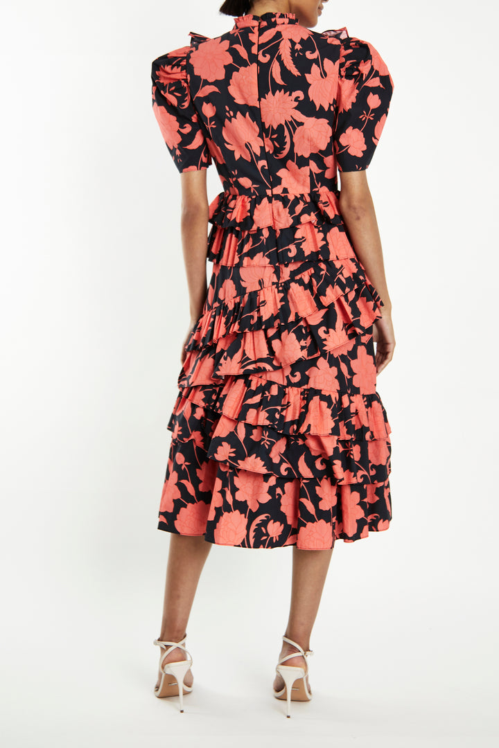 Delilah Black-Coral-Flower Puff-Sleeve Midi-Dress