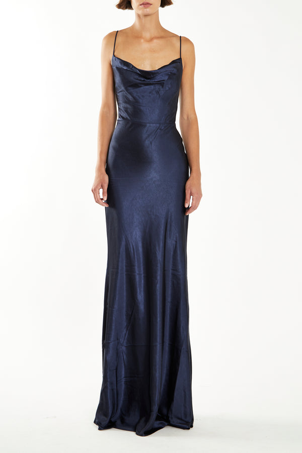 Vivian Dark Navy Cowl-Neck Bias Cut Maxi-Dress