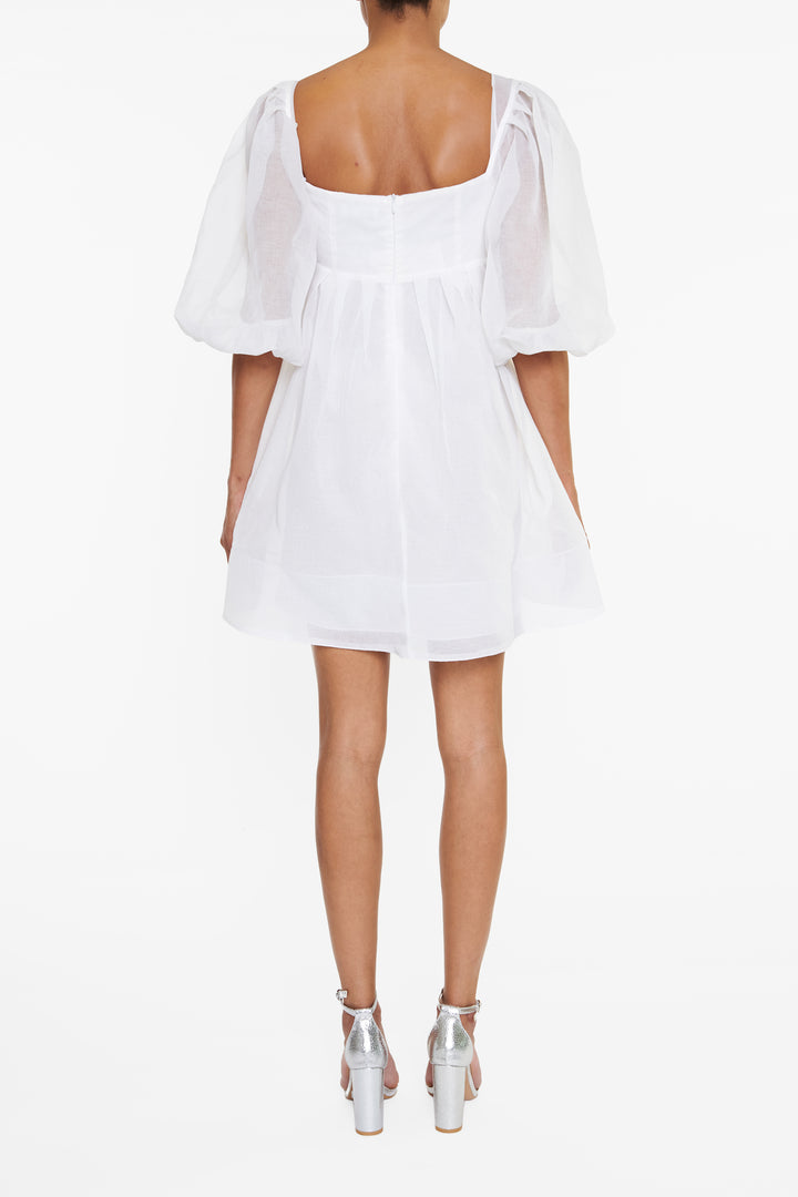 Sabrina White Puff-Sleeve Babydoll Mini-Dress
