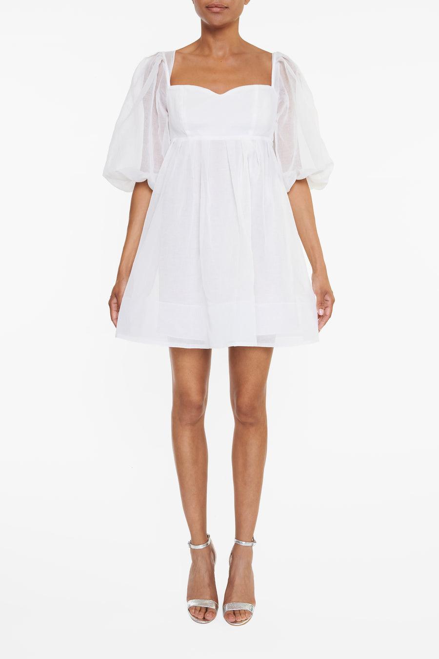 Sabrina White Puff-Sleeve Babydoll Mini-Dress